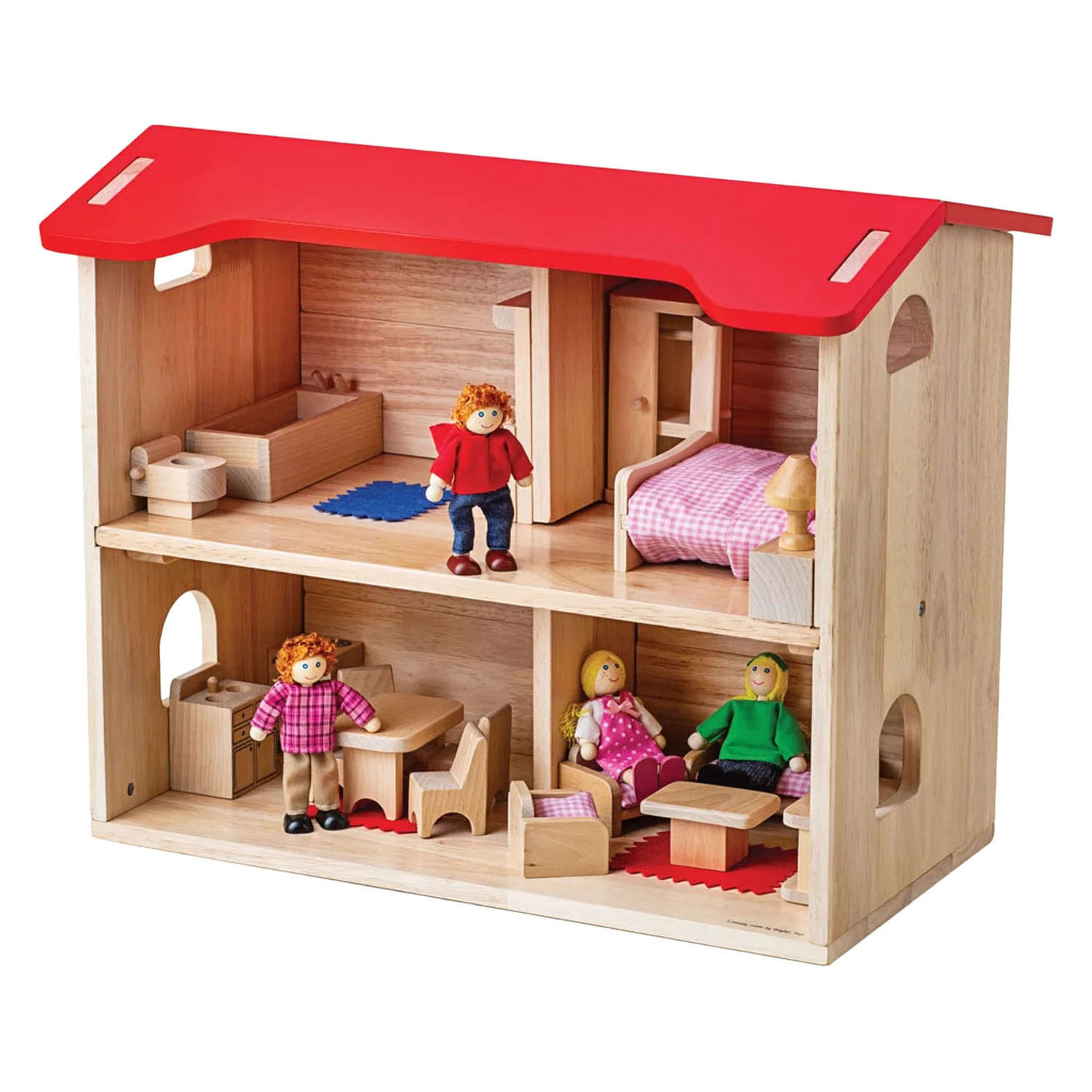 Bigjigs Houten Poppenhuis Compleet met Meubels en 4 Poppen